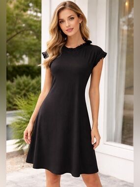 Tash + Sophie Black Ruffle-Trim Cap Sleeve Mini Shift Dress Party Size Medium